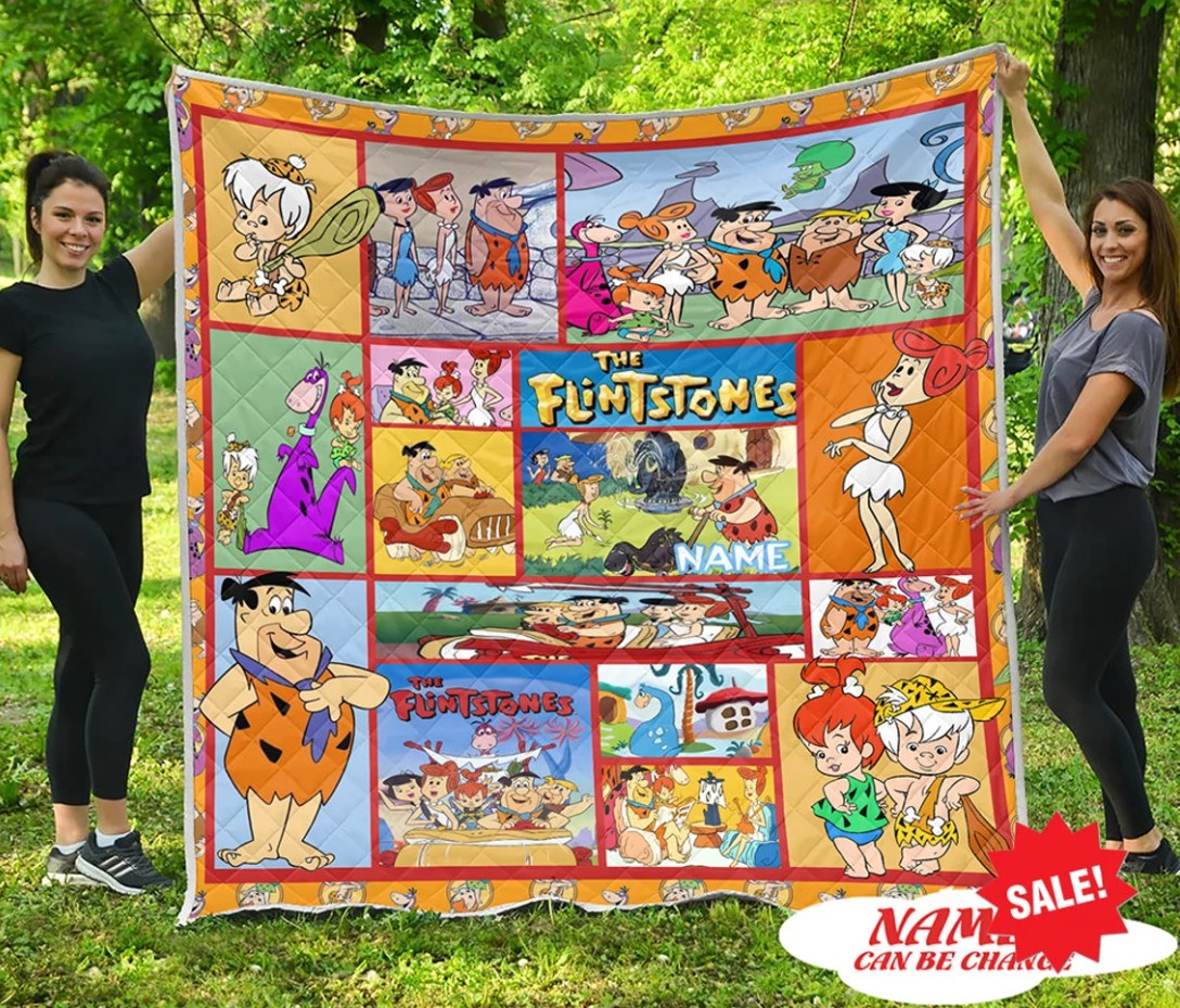 Personalized Flintstone Cartoon Quilt Blanket Flintstone Family Quilt Blanket Flintstone Birthday Party Custom Name Blanket